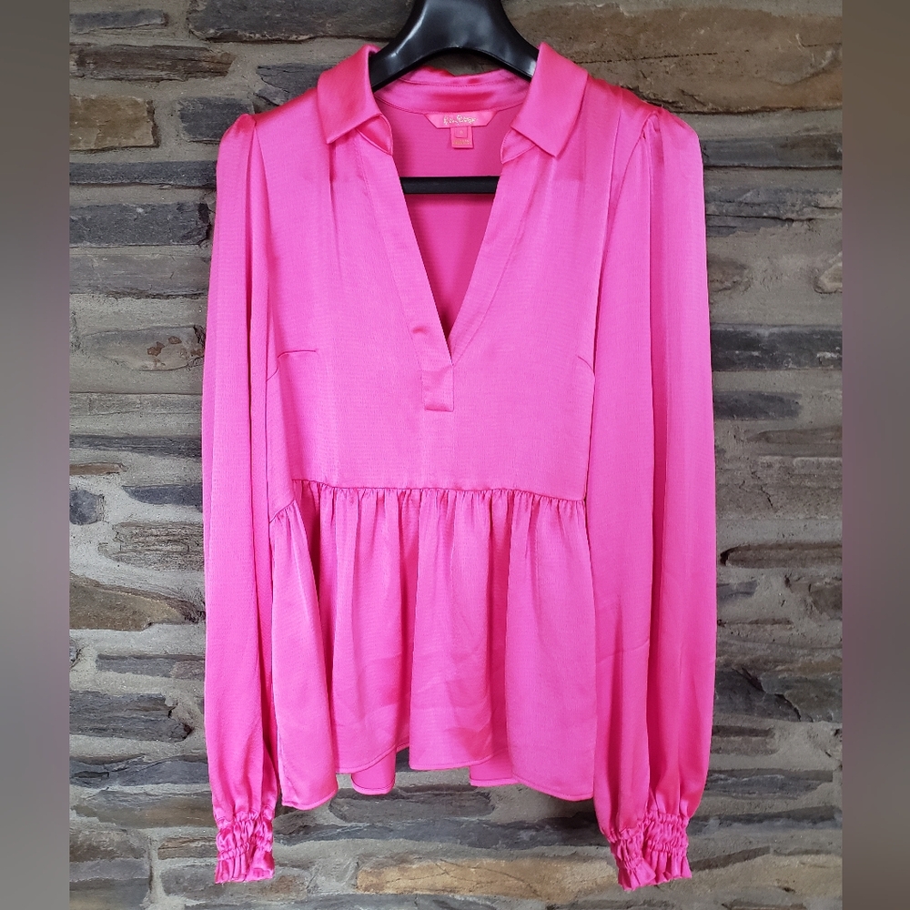Lily Pulitzer Hot Pink Peplum Peasant Blouse Sz 8